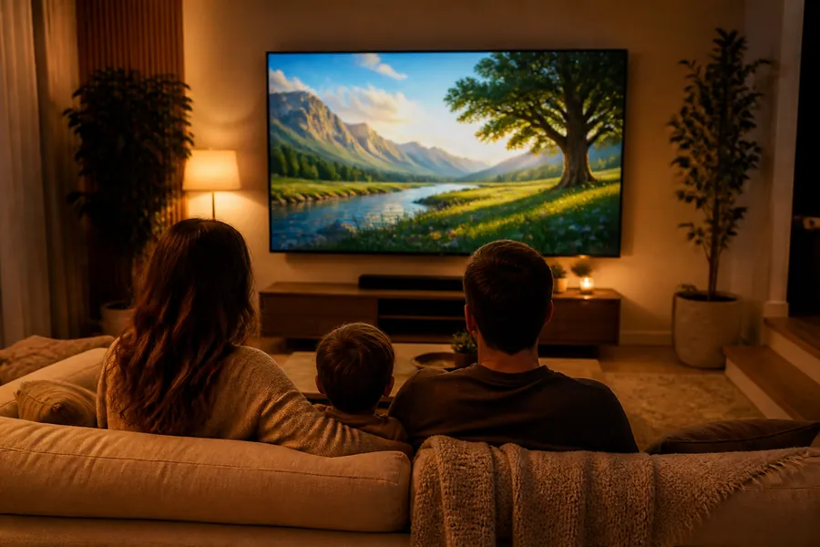 Family sitting together on a sofa watching a nature program on a large TV