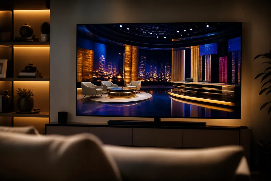 Living room television showing a live entertainment studio set