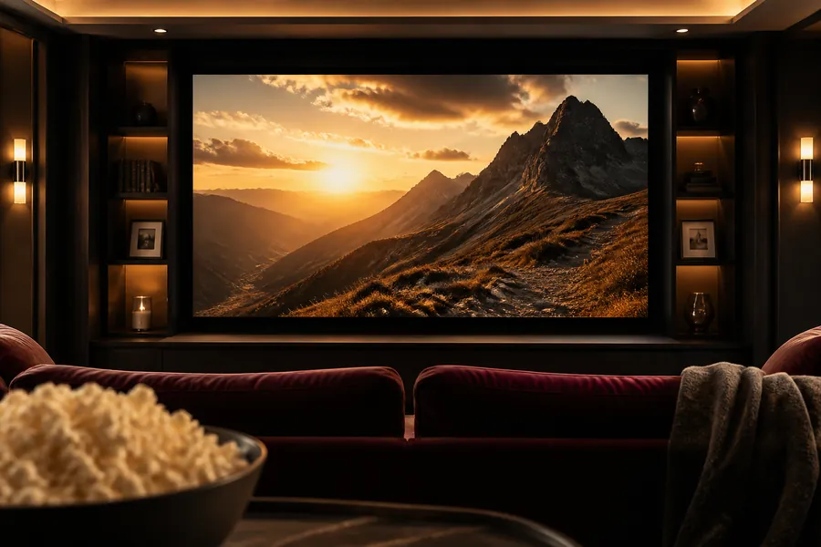 Home cinema with a wide television showing a mountain landscape movie scene
