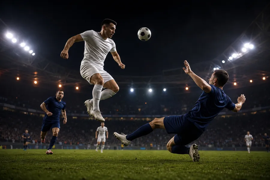 Night-time stadium match with players competing under floodlights