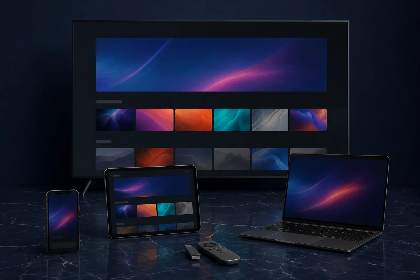 Smart TV, laptop, tablet, and phone showing a matching streaming interface