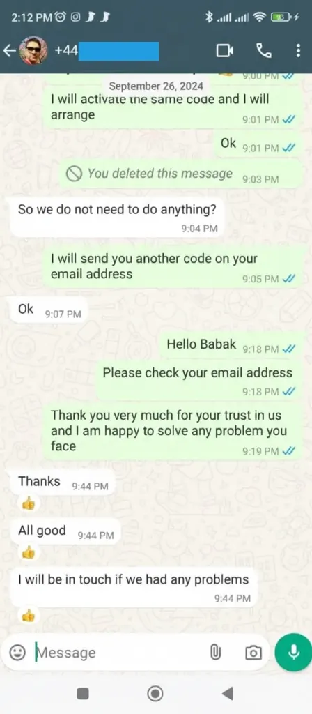 WhatsApp chat: customer confirms payment and asks about the player app