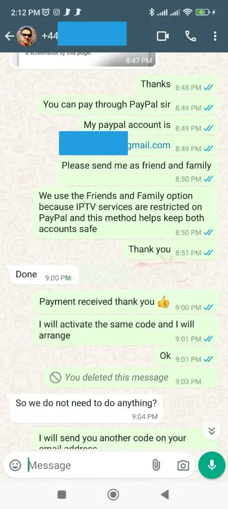 WhatsApp chat: payment received and one-year subscription activated