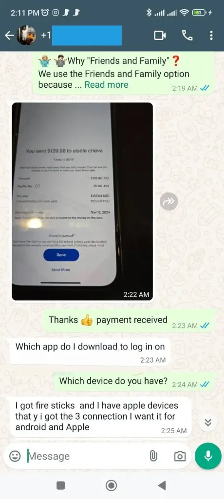 WhatsApp chat: customer confirms service is working and asks about PayPal