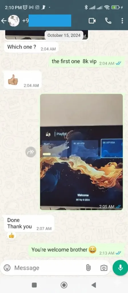 WhatsApp chat: customer thanks Moly IPTV after setup on their TV