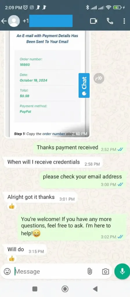 WhatsApp chat: customer requests a free trial before buying multiple accounts