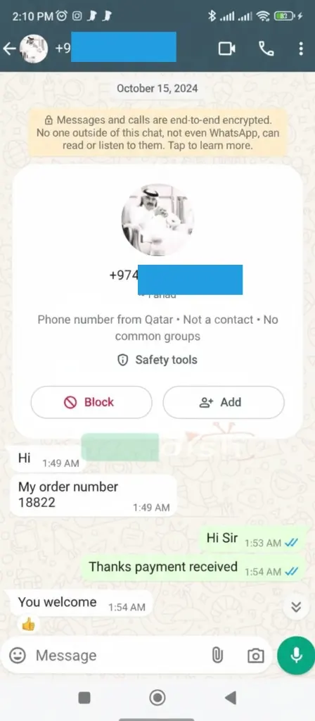 WhatsApp chat: payment confirmed and login details sent by email