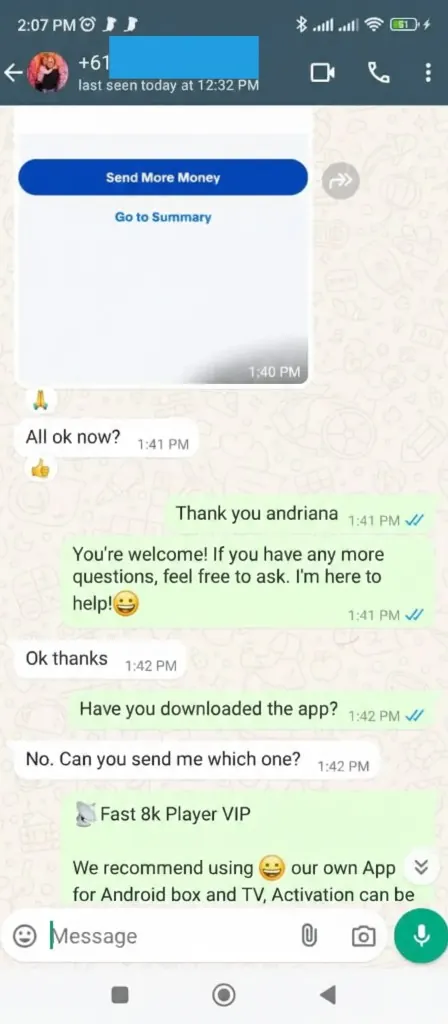 WhatsApp chat: customer receives activation details after payment