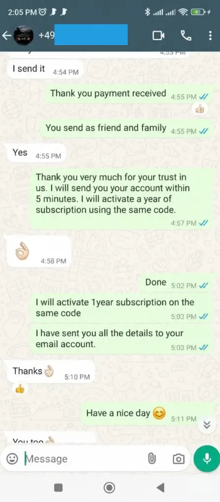 WhatsApp chat: payment noted and trial details emailed