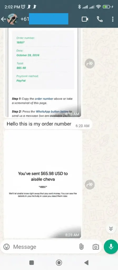WhatsApp chat: order paid and package details sent