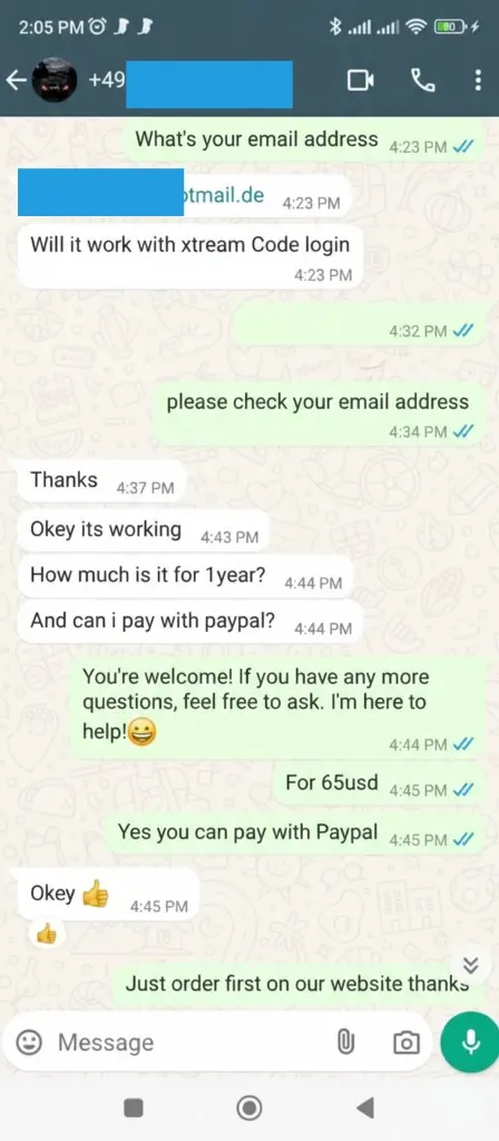 WhatsApp chat: invoice paid and subscription details delivered