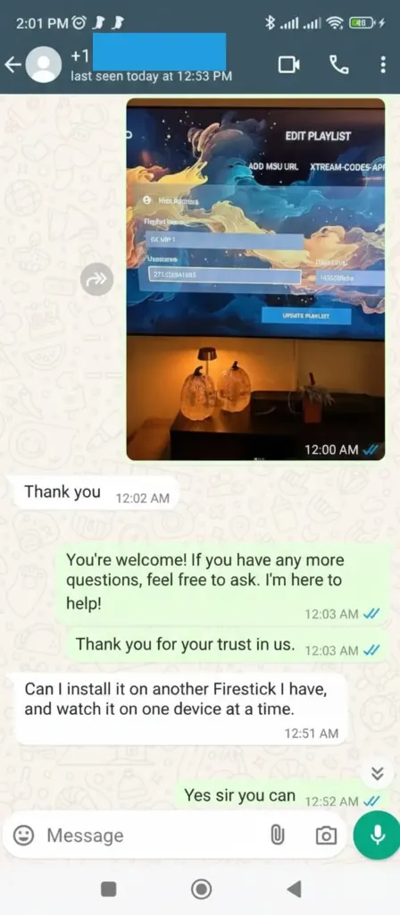 WhatsApp chat: PayPal payment received for IPTV package