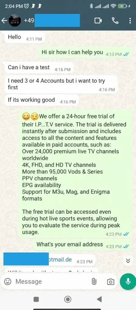 WhatsApp chat: customer sends PayPal proof and email for activation